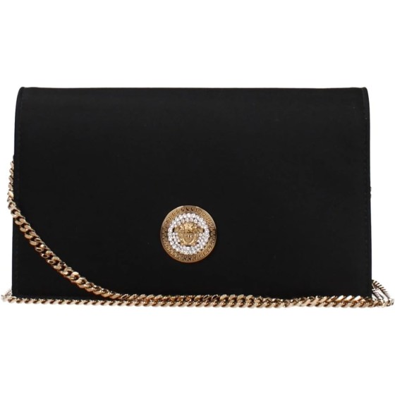 Versace Medusa Women’s Black Satin & Leather Clutch Bag – Small Evening Purse with Medusa Hardware, Flap Closure & Fabric Lining – Luxury Designer Handbag