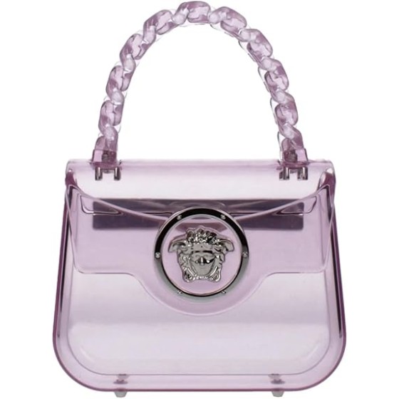 Versace Medusa Women’s Mini Transparent Pink PVC Handbag – Flap Closure, Top Handle & Shoulder Strap, Designer Luxury Bag