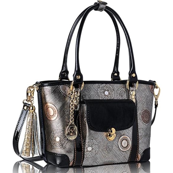 Purse Tote Roman Medallions Printed Metallic Leather Bag Italian Designer Handbag