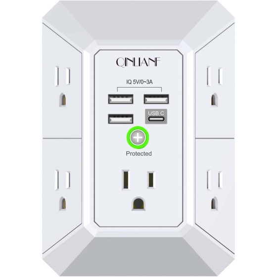 Wall Charger, Surge Protector, QINLIANF 5 Outlet Extender with 4 USB Charging Ports, 3-Sided 1680J Power Strip