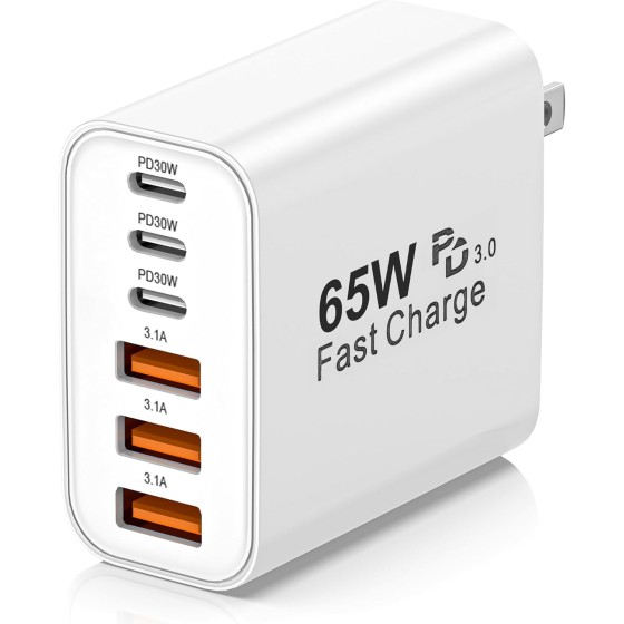 USB C Charger Block,65W 6-Port USBC Charging Block,Wall Charger iPhone Charger Fast Charging,Multiport Type C PD+QC Power Plug for All iPhone 17 16 15 iPad Samsung S23 S24 iWatch Pixel Series (White)