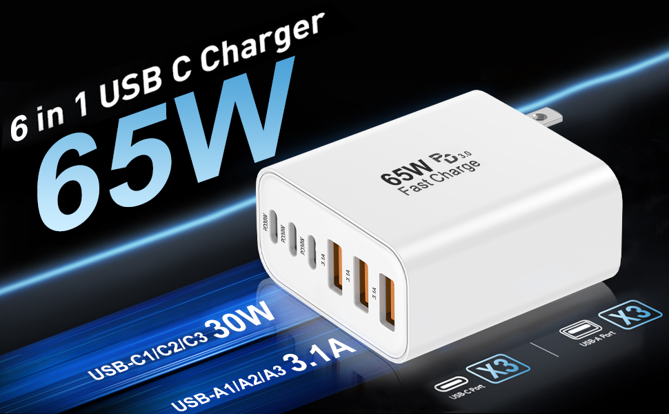 USB C Charger Block,65W 6-Port USBC Charging Block,Wall Charger iPhone Charger Fast Charging,Multiport Type C PD+QC Power Plug for All iPhone 17 16 15 iPad Samsung S23 S24 iWatch Pixel Series (White)